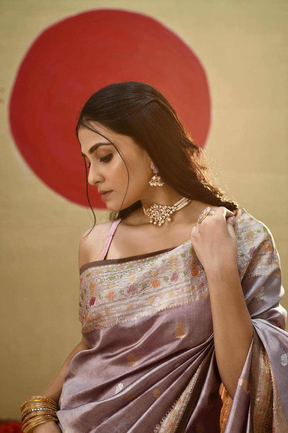 'Roop' Old Rose Grey Pure Katan Silk Meenakari Banarasi Handloom Saree 'Roop' Old Rose Grey Pure Katan Silk Meenakari Banarasi Handloom Saree