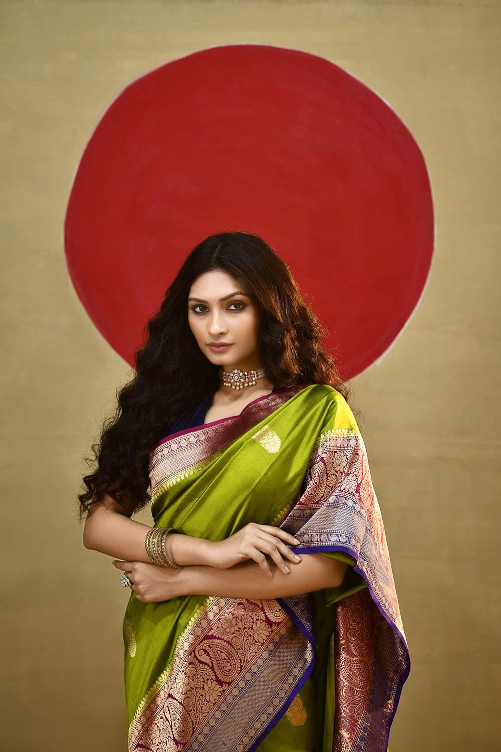 'Arya' Lime Green With a Contrast Pink And Blue On Edge Pure Katan Silk Kadhua Banarasi Handloom Saree 'Arya' Lime Green With a Contrast Pink And Blue On Edge Pure Katan Silk Kadhua Banarasi Handloom Saree