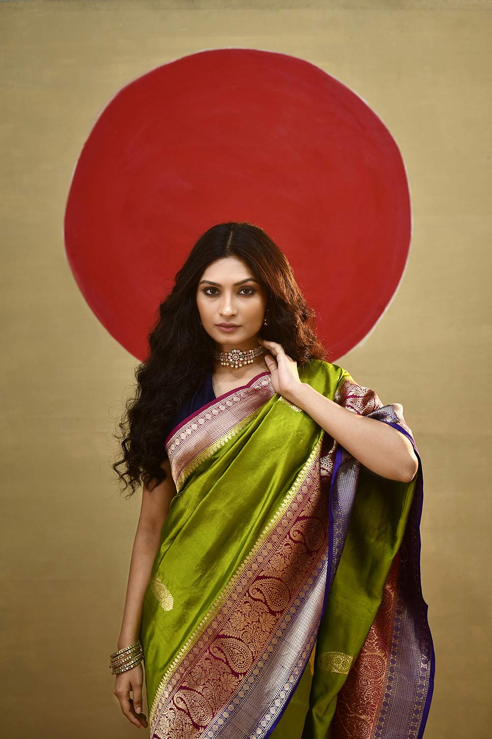 'Arya' Lime Green With a Contrast Pink And Blue On Edge Pure Katan Silk Kadhua Banarasi Handloom Saree 'Arya' Lime Green With a Contrast Pink And Blue On Edge Pure Katan Silk Kadhua Banarasi Handloom Saree