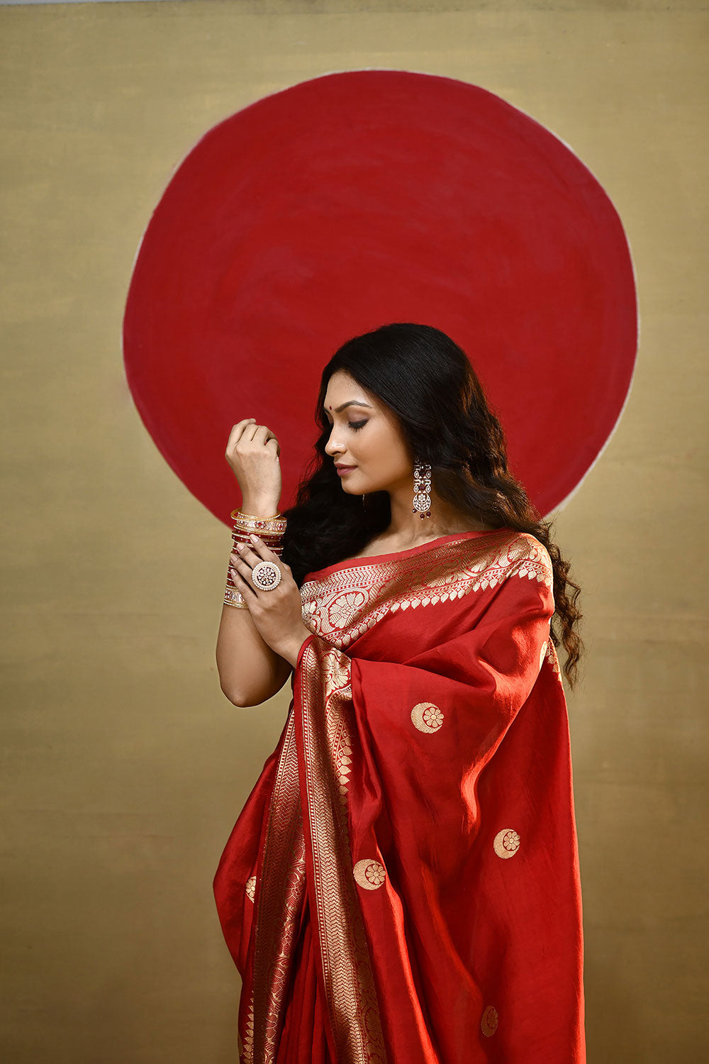 'Chand Boota' Red Pure Katan Silk Kadhua Banarasi Handloom Saree 'Chand Boota' Red Pure Katan Silk Kadhua Banarasi Handloom Saree