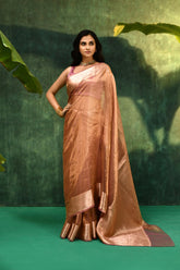 'Arunima' Champagne Rose Pure Daimond Iktara Tissue Banarasi Handloom Saree