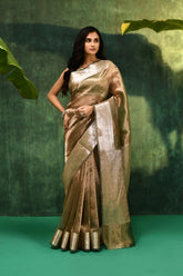 'Noor' Silver Deep Green Pure Diamond Iktara Tissue Banarasi Handloom Saree