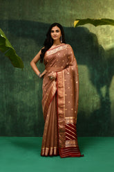 'Varsha' Dusty Rose Pink With contrast Red On the edge Pure Kora Organza Kadhua Banarasi Handloom Saree
