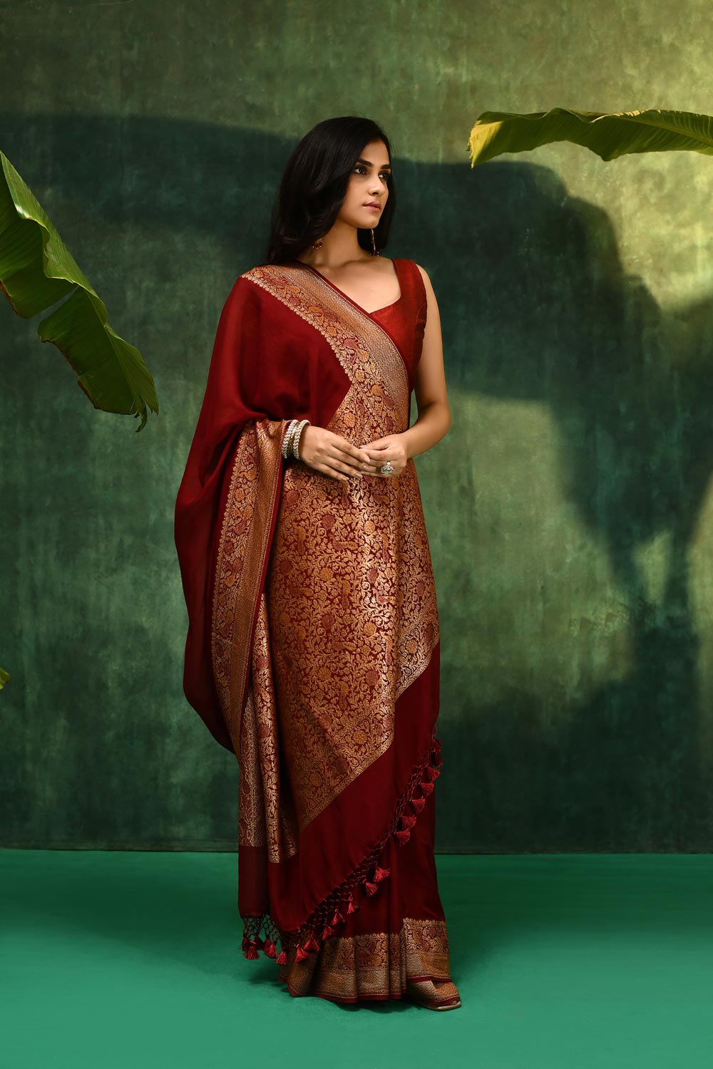 'Pride of Kashi' Shikargah Elegance Royal Maroon Pure Khaddi Georgette Banarasi Handloom Saree 'Pride of Kashi' Shikargah Elegance Royal Maroon Pure Khaddi Georgette Banarasi Handloom Saree