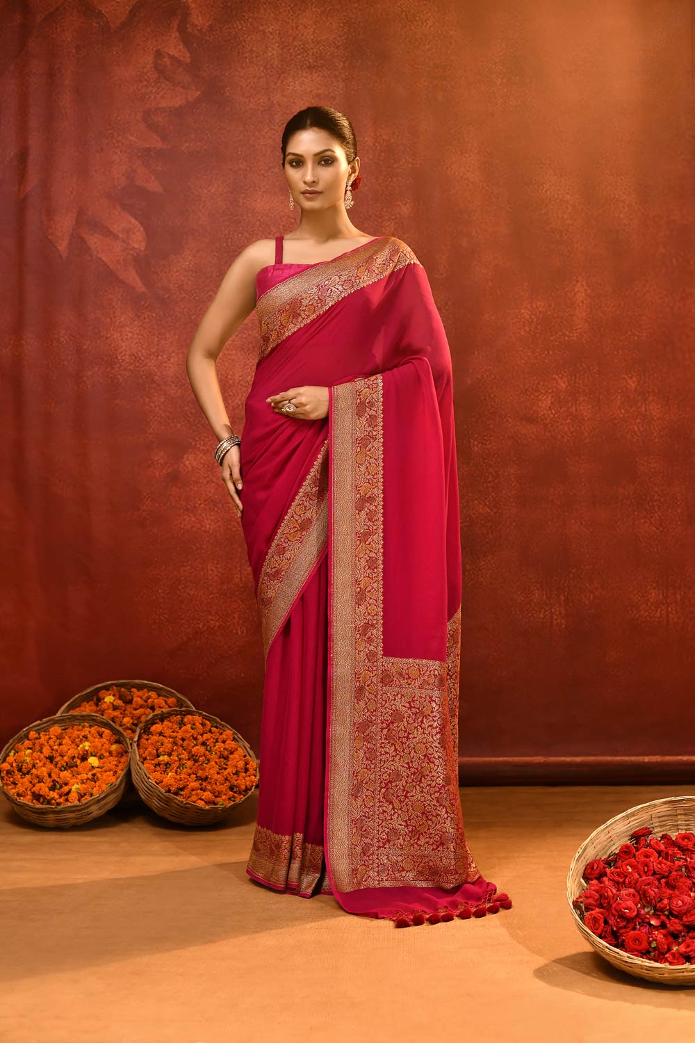 Pride of Kashi 'Shikargah Elegance’ Rani Pink Pure Khaddi Georgette Banarasi Handloom Saree Pride of Kashi 'Shikargah Elegance’ Rani Pink Pure Khaddi Georgette Banarasi Handloom Saree