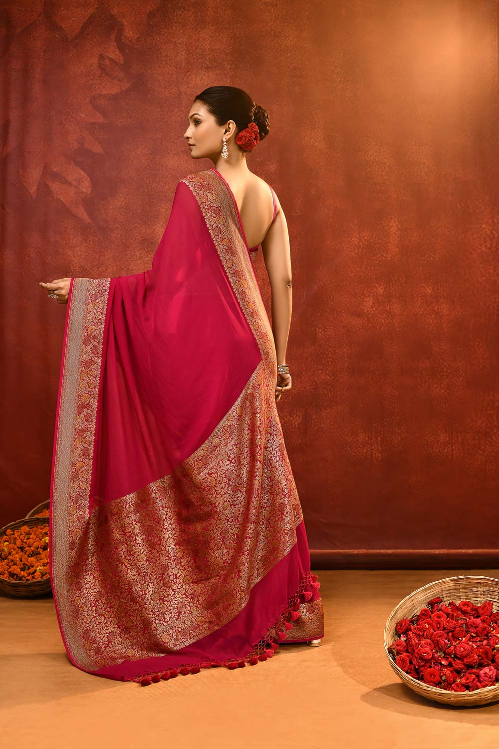 Pride of Kashi 'Shikargah Elegance’ Rani Pink Pure Khaddi Georgette Banarasi Handloom Saree Pride of Kashi 'Shikargah Elegance’ Rani Pink Pure Khaddi Georgette Banarasi Handloom Saree