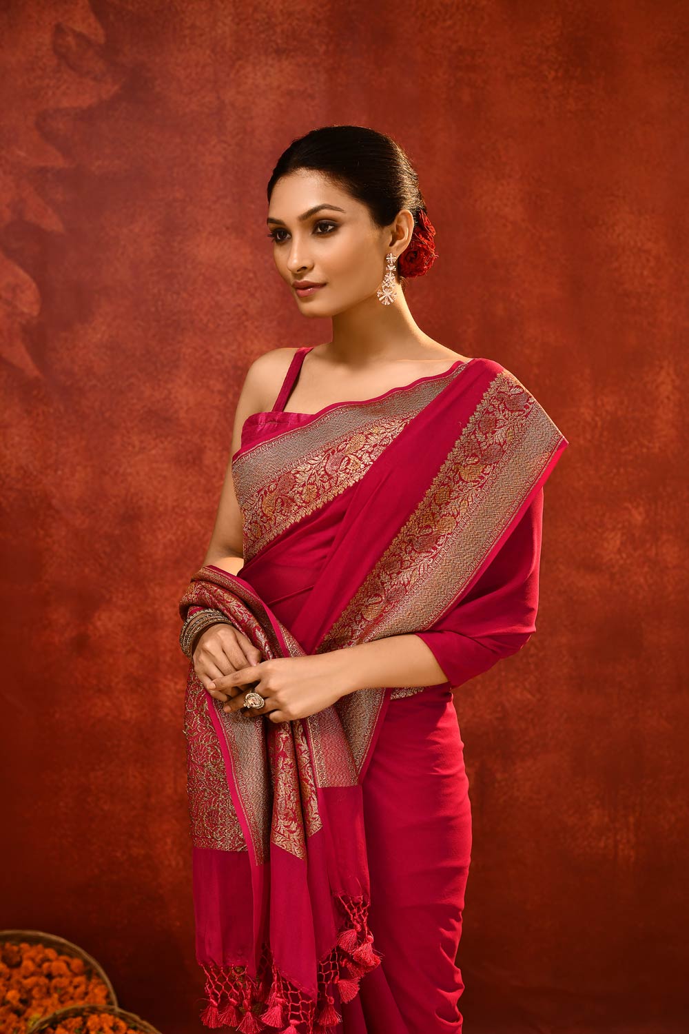 Pride of Kashi 'Shikargah Elegance’ Rani Pink Pure Khaddi Georgette Banarasi Handloom Saree Pride of Kashi 'Shikargah Elegance’ Rani Pink Pure Khaddi Georgette Banarasi Handloom Saree