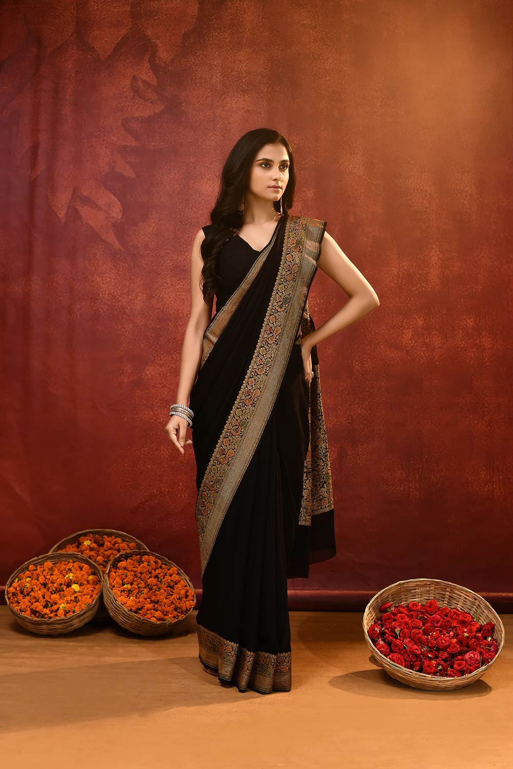 Pride of Kashi ‘Shikargah Elegance’ Black Pure Khaddi Georgette Banarasi Handloom Saree Pride of Kashi ‘Shikargah Elegance’ Black Pure Khaddi Georgette Banarasi Handloom Saree
