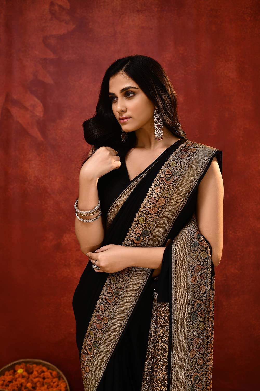 Pride of Kashi ‘Shikargah Elegance’ Black Pure Khaddi Georgette Banarasi Handloom Saree Pride of Kashi ‘Shikargah Elegance’ Black Pure Khaddi Georgette Banarasi Handloom Saree