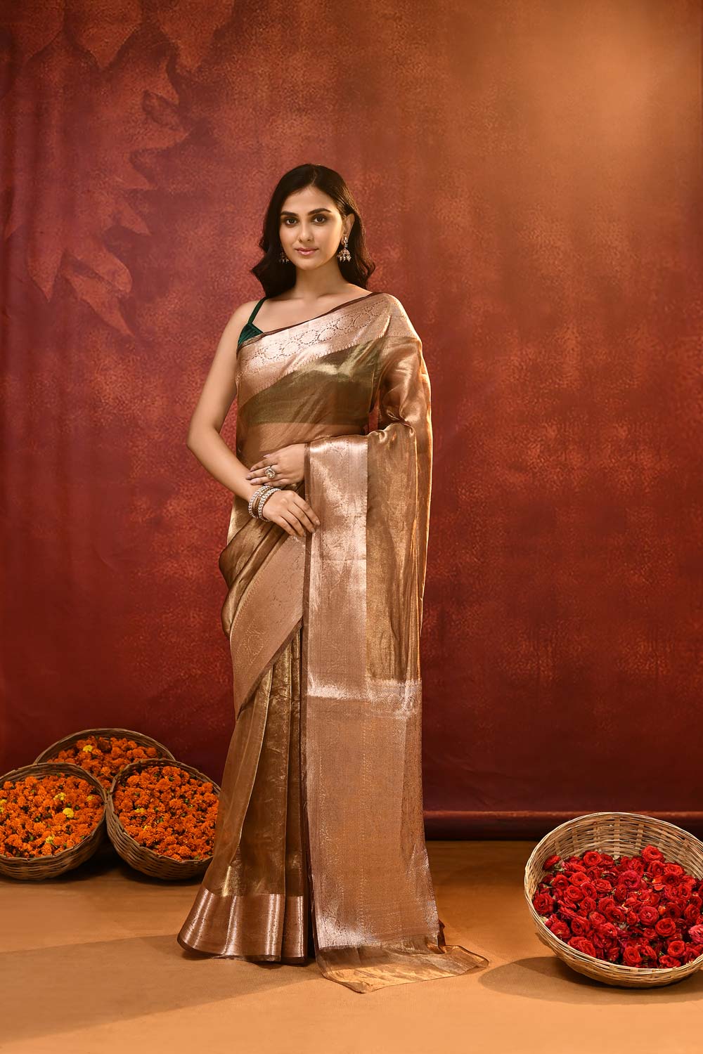 'Roshni' Mid Brown Pure Diamond Iktara Tissue Banarasi handloom saree 'Roshni' Mid Brown Pure Diamond Iktara Tissue Banarasi handloom saree