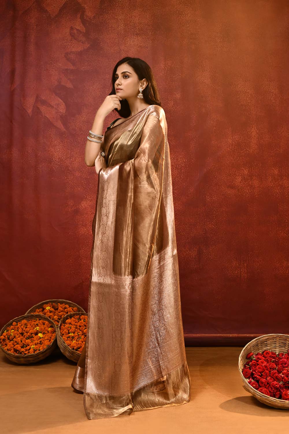 'Roshni' Mid Brown Pure Diamond Iktara Tissue Banarasi handloom saree 'Roshni' Mid Brown Pure Diamond Iktara Tissue Banarasi handloom saree