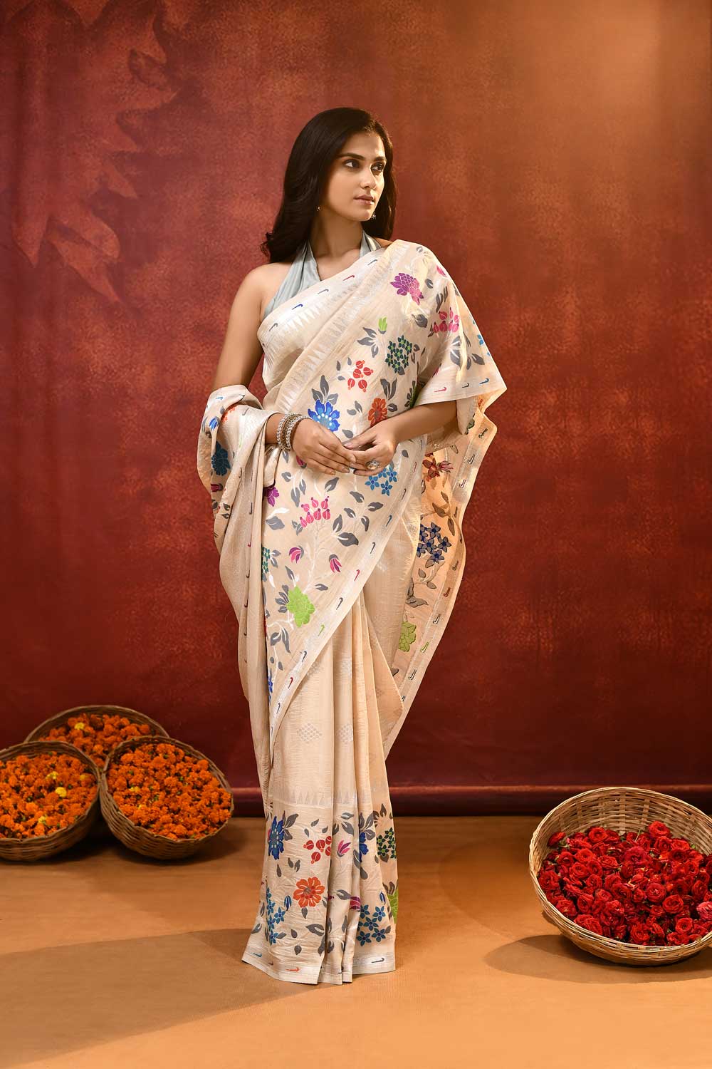 'Janki' Ivory Pure Tussar Silk Meenakari Banarasi Handloom Saree