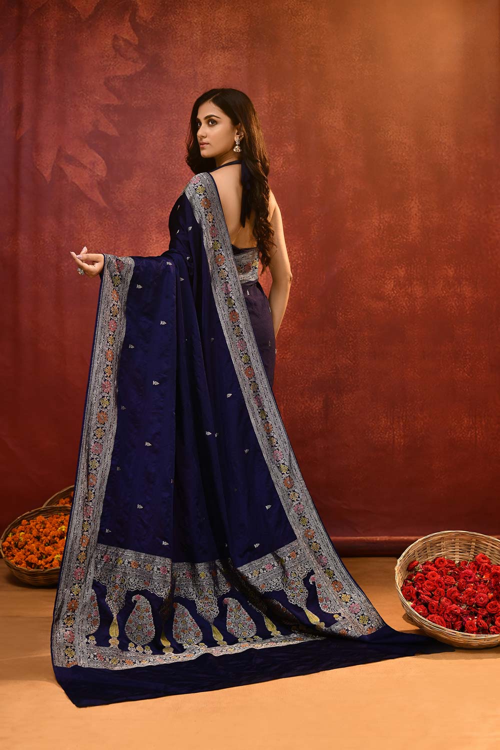 'Noorvi' Deep Midnight Blue Mushru Satin Banarasi Handloom Saree 'Noorvi' Deep Midnight Blue Mushru Satin Banarasi Handloom Saree