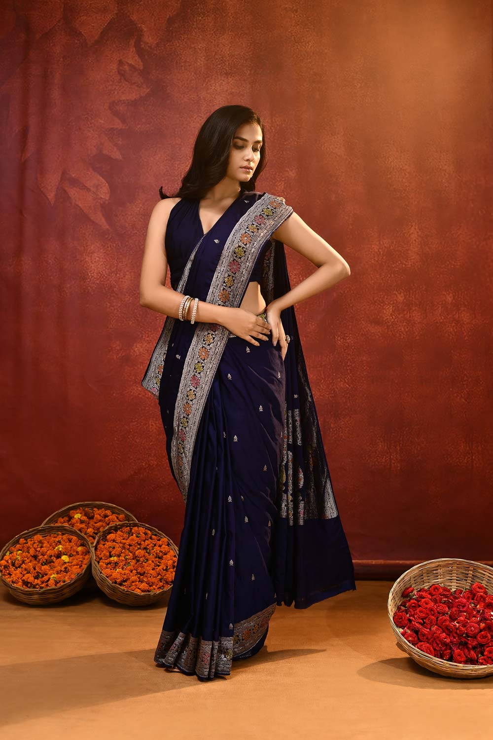 'Noorvi' Deep Midnight Blue Mushru Satin Banarasi Handloom Saree 'Noorvi' Deep Midnight Blue Mushru Satin Banarasi Handloom Saree