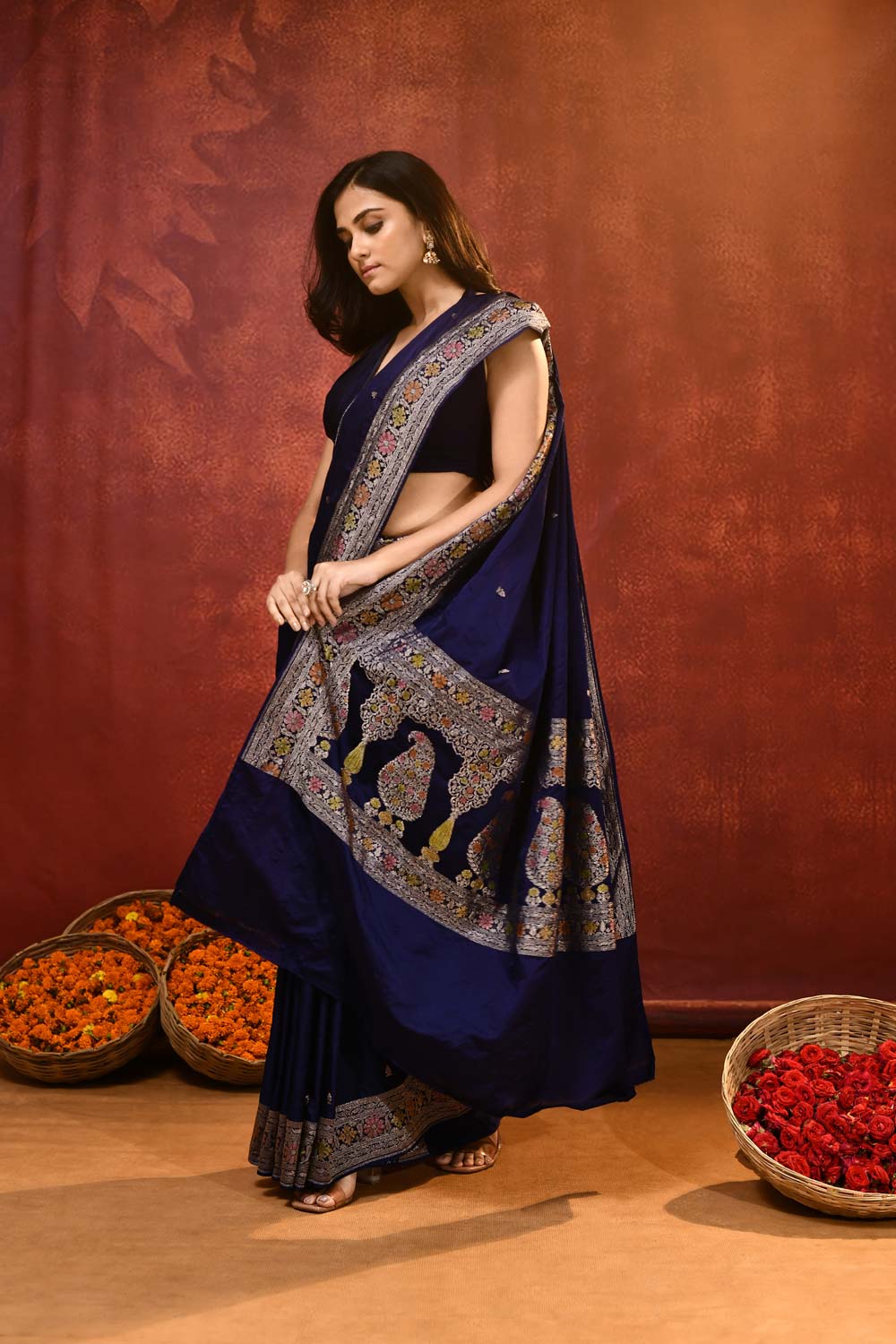 'Noorvi' Deep Midnight Blue Mushru Satin Banarasi Handloom Saree 'Noorvi' Deep Midnight Blue Mushru Satin Banarasi Handloom Saree