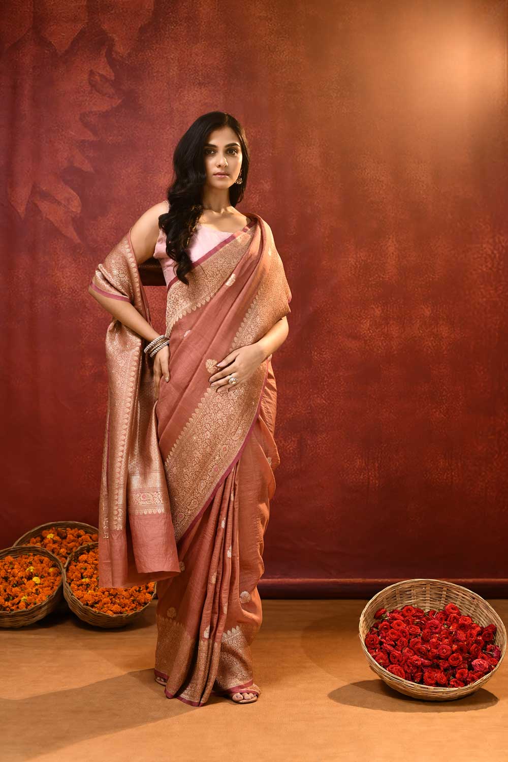 'Jasmine' Rose Pink Pure Tussar Banarasi Handloom Saree 'Jasmine' Rose Pink Pure Tussar Banarasi Handloom Saree
