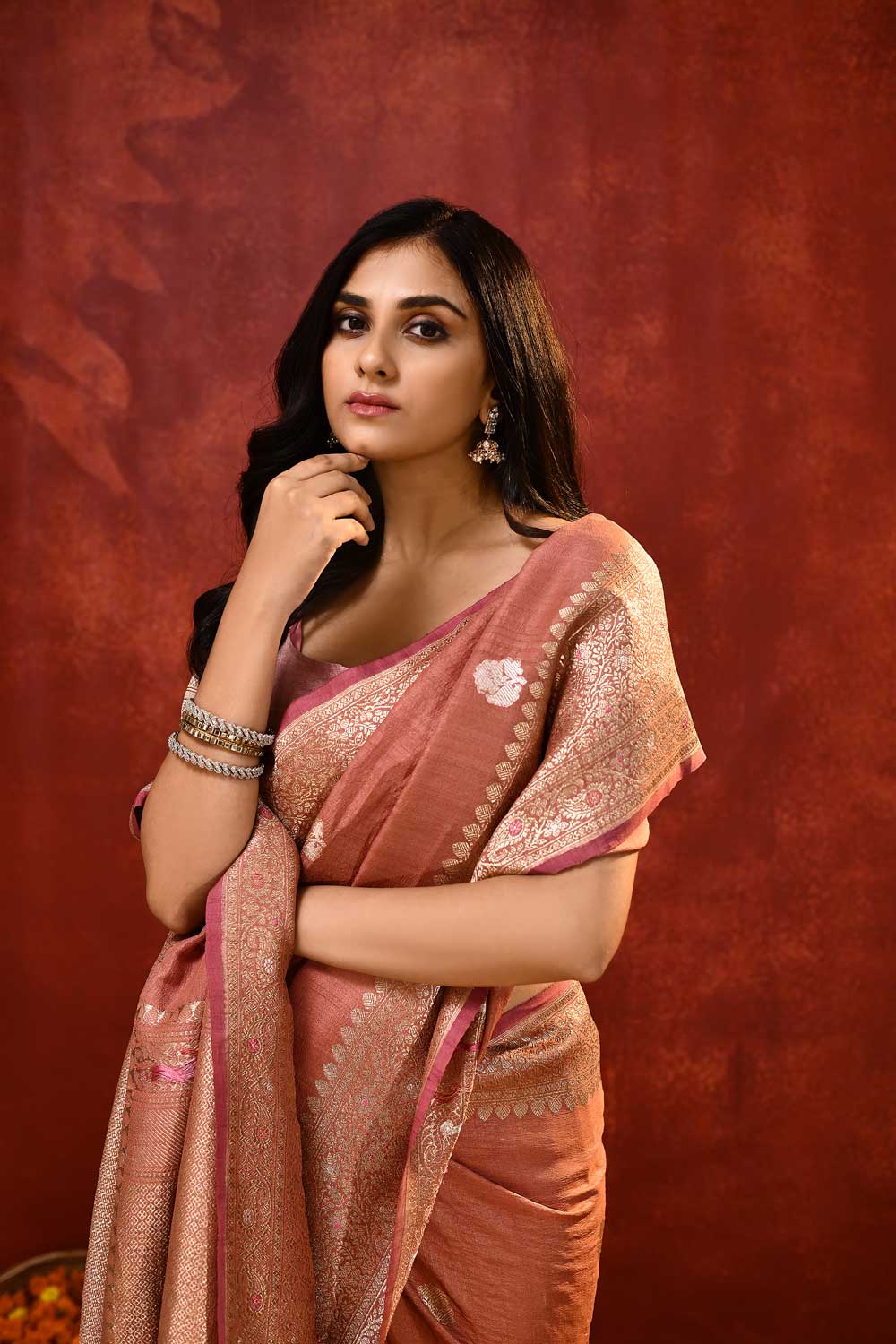 'Jasmine' Rose Pink Pure Tussar Banarasi Handloom Saree 'Jasmine' Rose Pink Pure Tussar Banarasi Handloom Saree