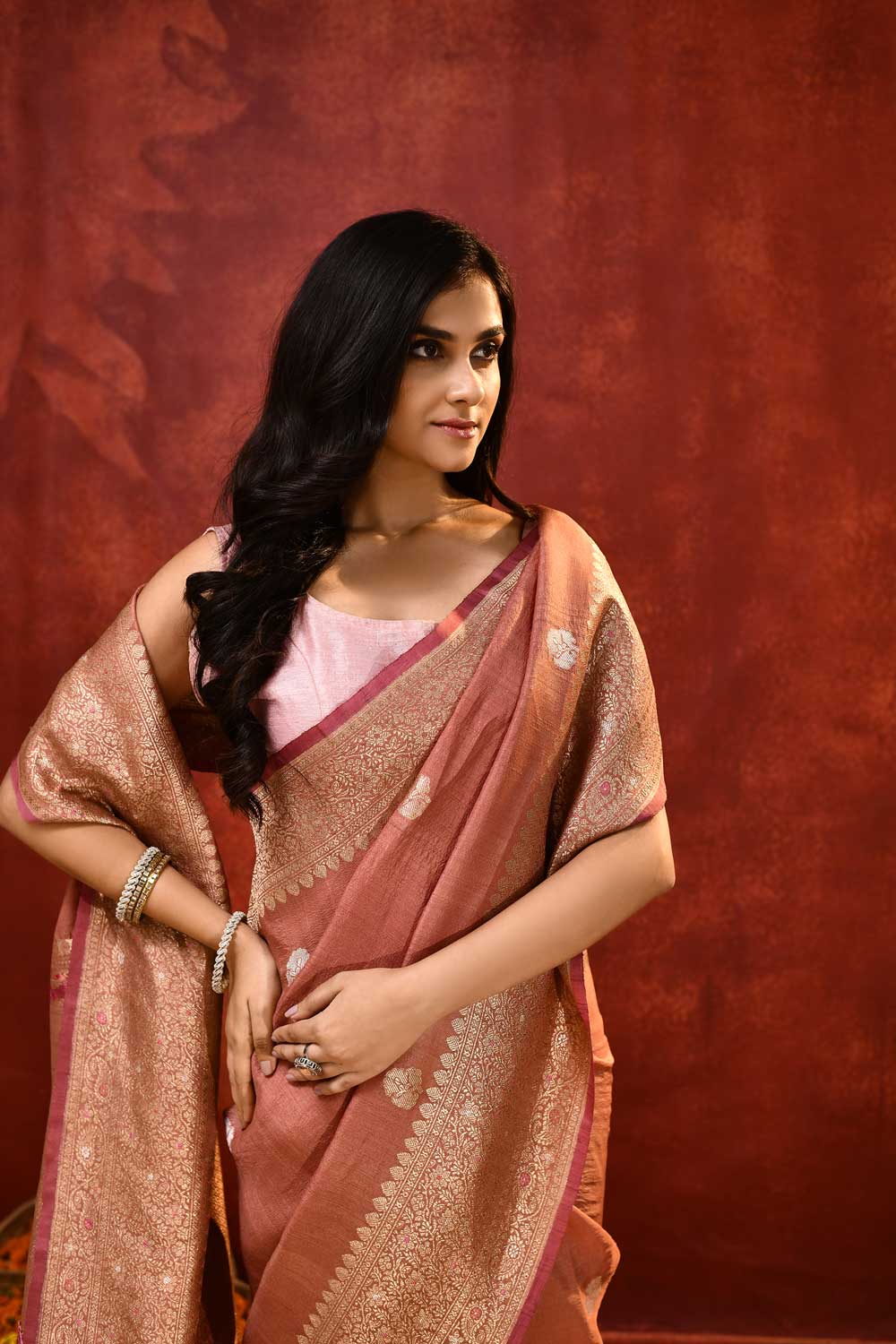 'Jasmine' Rose Pink Pure Tussar Banarasi Handloom Saree 'Jasmine' Rose Pink Pure Tussar Banarasi Handloom Saree