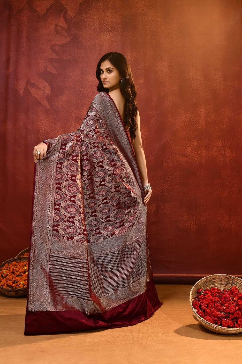 'Hunar' Cherry Wine Mushru Satin Meenakari Banarasi Handloom Saree 'Hunar' Cherry Wine Mushru Satin Meenakari Banarasi Handloom Saree