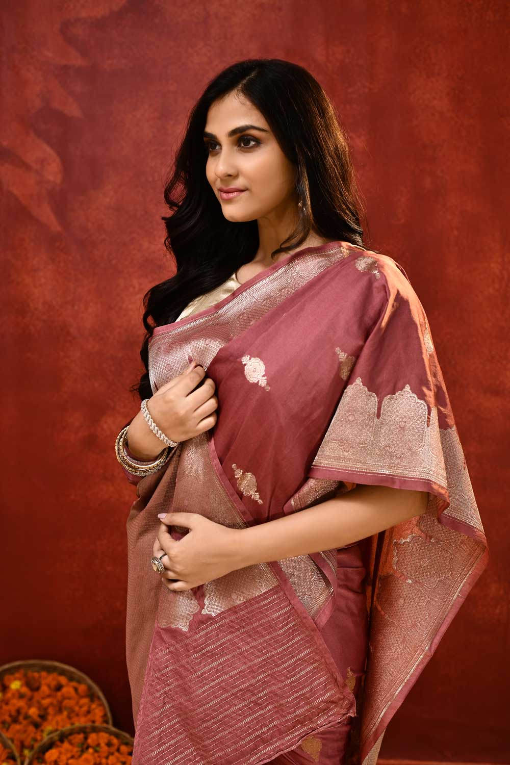 'Gul' Earthy Rose Mushru Satin Banarasi Handloom Saree 'Gul' Earthy Rose Mushru Satin Banarasi Handloom Saree