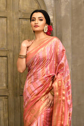 Pink- Peach Rangkat Saree With Striped Patterned Body And Tanchoi Border