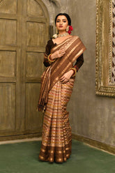 Smoke Brown Rangkat Pure Katan Chiniya Silk Banarasi Handloom Saree With Tanchoi Border
