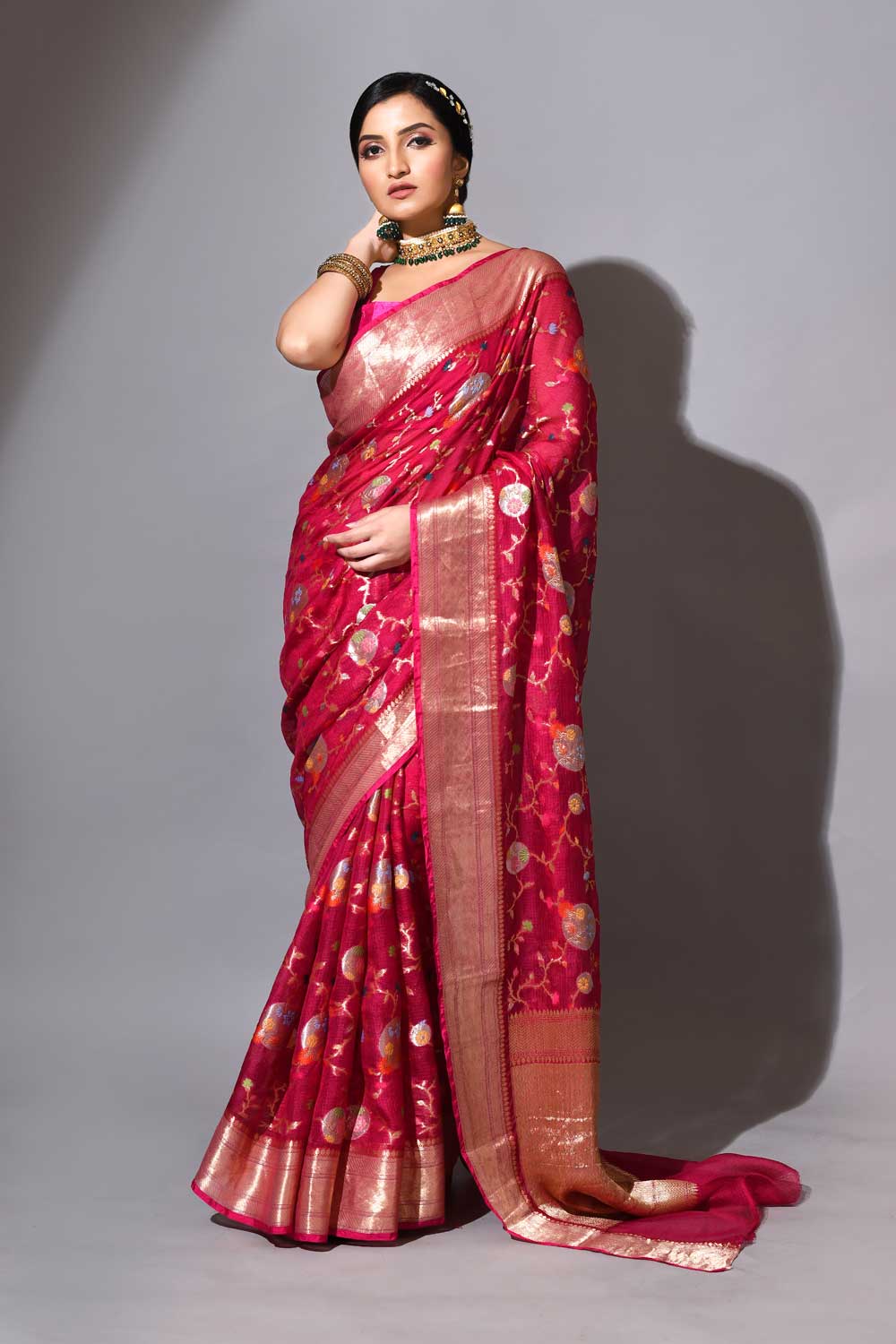 Rani Pink Pure Kota Check Banarasi Saree With Meenakari Jaal Rani Pink Pure Kota Check Banarasi Saree With Meenakari Jaal