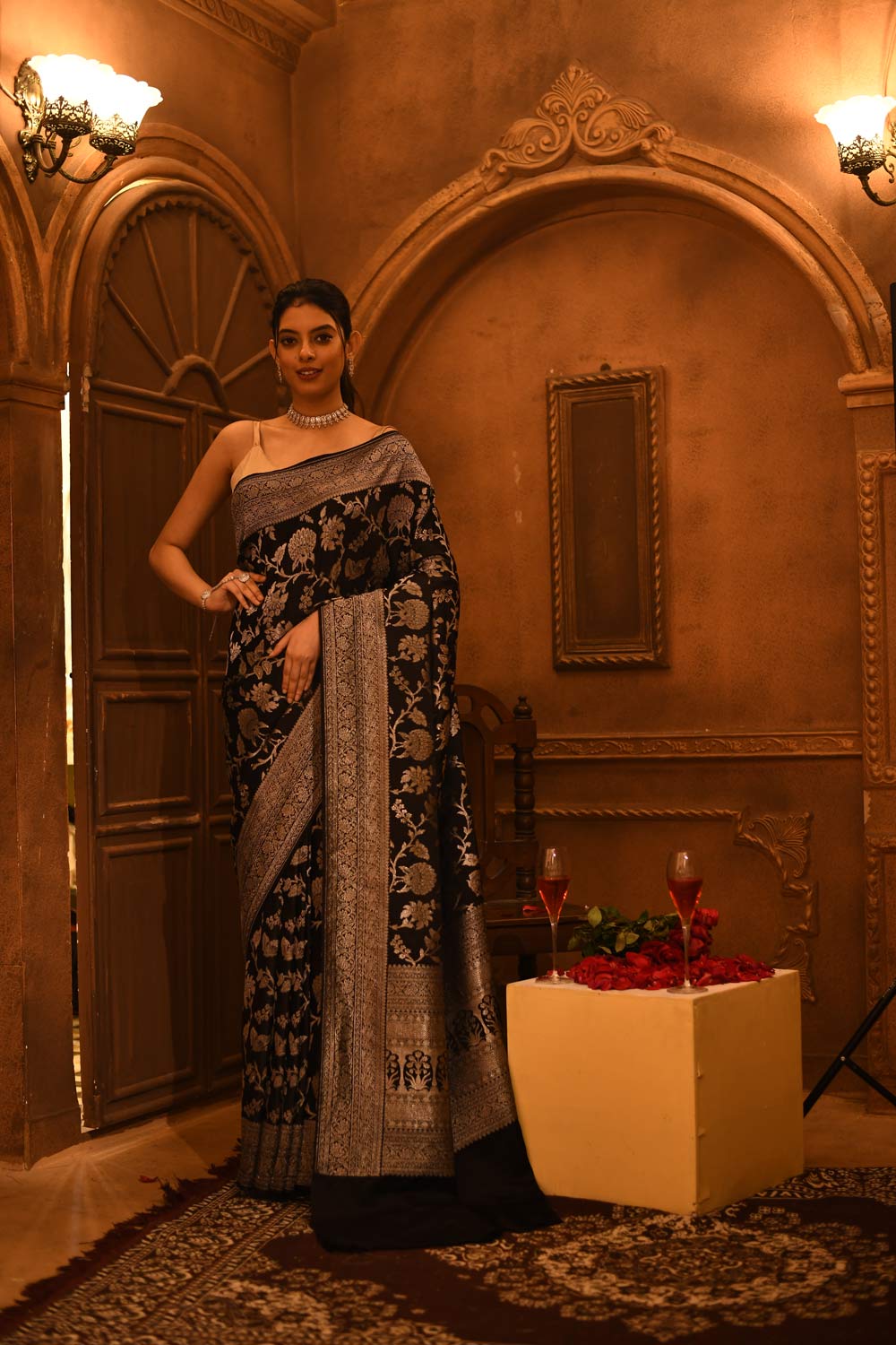 Black Mushru Satin Banarasi Handloom Saree With All Over Silver Jaal Pattern Black Mushru Satin Banarasi Handloom Saree With All Over Silver Jaal Pattern