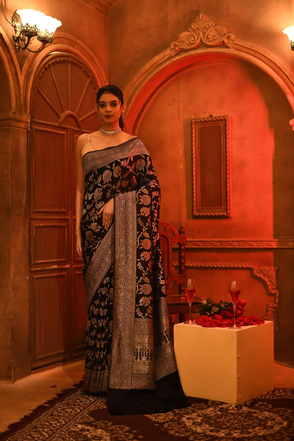 Black Mushru Satin Banarasi Handloom Saree With All Over Silver Jaal Pattern Black Mushru Satin Banarasi Handloom Saree With All Over Silver Jaal Pattern