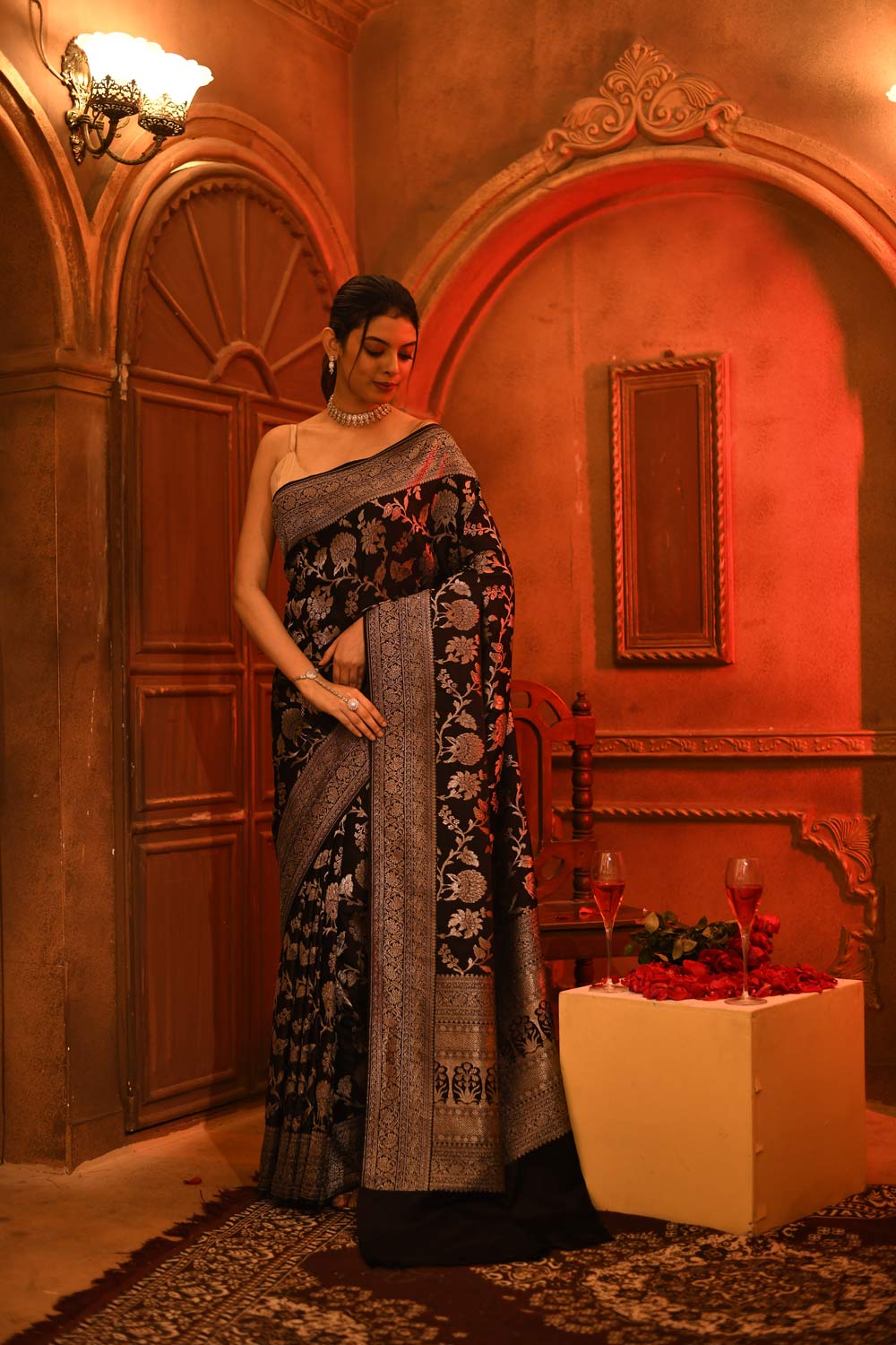 Black Mushru Satin Banarasi Handloom Saree With All Over Silver Jaal Pattern Black Mushru Satin Banarasi Handloom Saree With All Over Silver Jaal Pattern