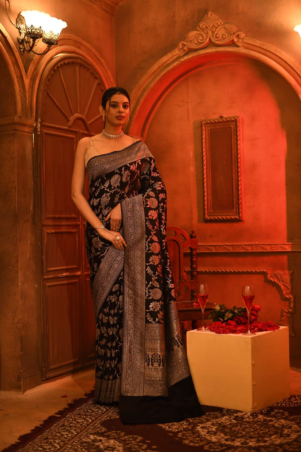Black Mushru Satin Banarasi Handloom Saree With All Over Silver Jaal Pattern Black Mushru Satin Banarasi Handloom Saree With All Over Silver Jaal Pattern