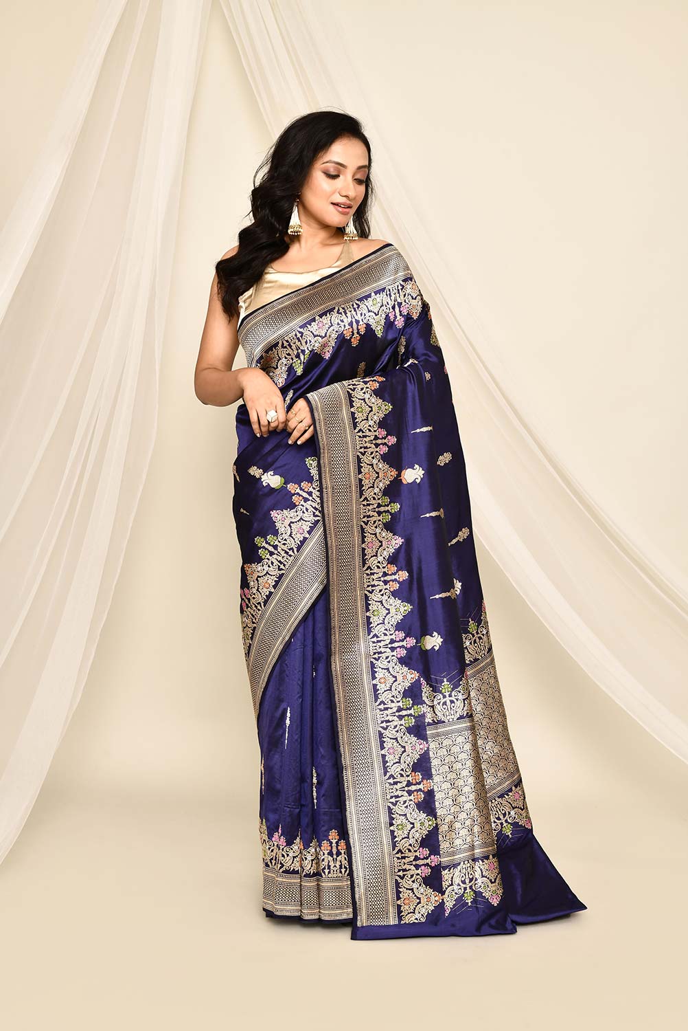 'Neelkari' Deep Blue Pure Katan Silk Banarasi Handloom Saree with Kadhua Meenakari Boota and Border 'Neelkari' Deep Blue Pure Katan Silk Banarasi Handloom Saree with Kadhua Meenakari Boota and Border
