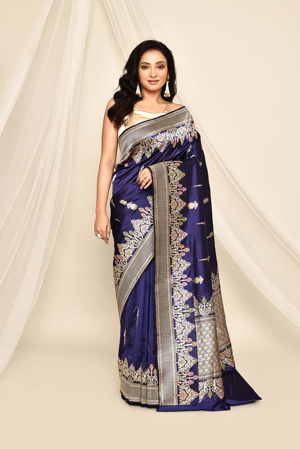 'Neelkari' Deep Blue Pure Katan Silk Banarasi Handloom Saree with Kadhua Meenakari Boota and Border 'Neelkari' Deep Blue Pure Katan Silk Banarasi Handloom Saree with Kadhua Meenakari Boota and Border