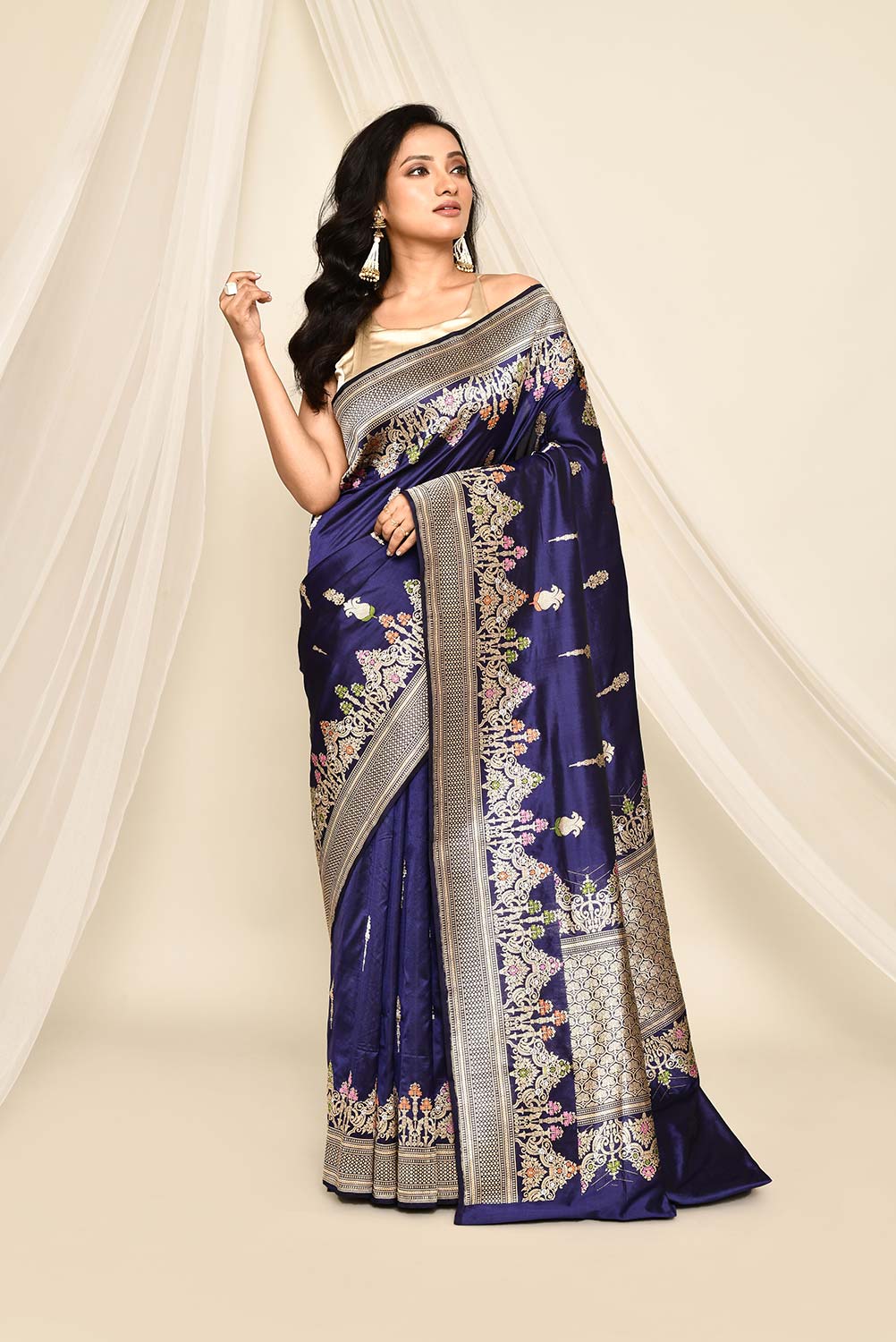 'Neelkari' Deep Blue Pure Katan Silk Banarasi Handloom Saree with Kadhua Meenakari Boota and Border 'Neelkari' Deep Blue Pure Katan Silk Banarasi Handloom Saree with Kadhua Meenakari Boota and Border