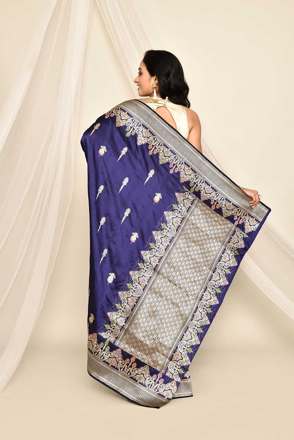 'Neelkari' Deep Blue Pure Katan Silk Banarasi Handloom Saree with Kadhua Meenakari Boota and Border 'Neelkari' Deep Blue Pure Katan Silk Banarasi Handloom Saree with Kadhua Meenakari Boota and Border