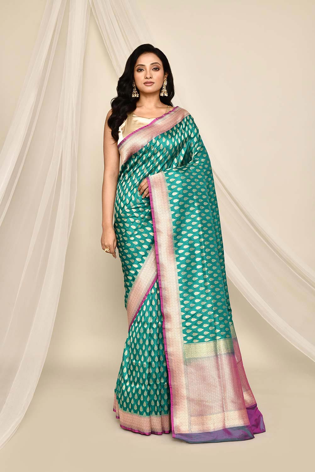 Handloom Persian Green Pure Katan Silk Banarasi Handloom Saree with Contrast Border Handloom Persian Green Pure Katan Silk Banarasi Handloom Saree with Contrast Border