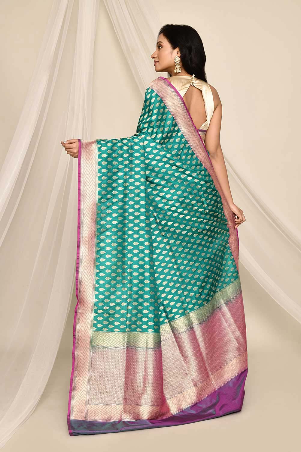 Handloom Persian Green Pure Katan Silk Banarasi Handloom Saree with Contrast Border Handloom Persian Green Pure Katan Silk Banarasi Handloom Saree with Contrast Border