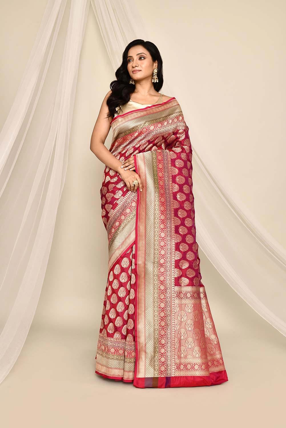 'Gulzar' Deep Magenta Pink Pure Katan Silk Banarasi Handloom Saree 'Gulzar' Deep Magenta Pink Pure Katan Silk Banarasi Handloom Saree