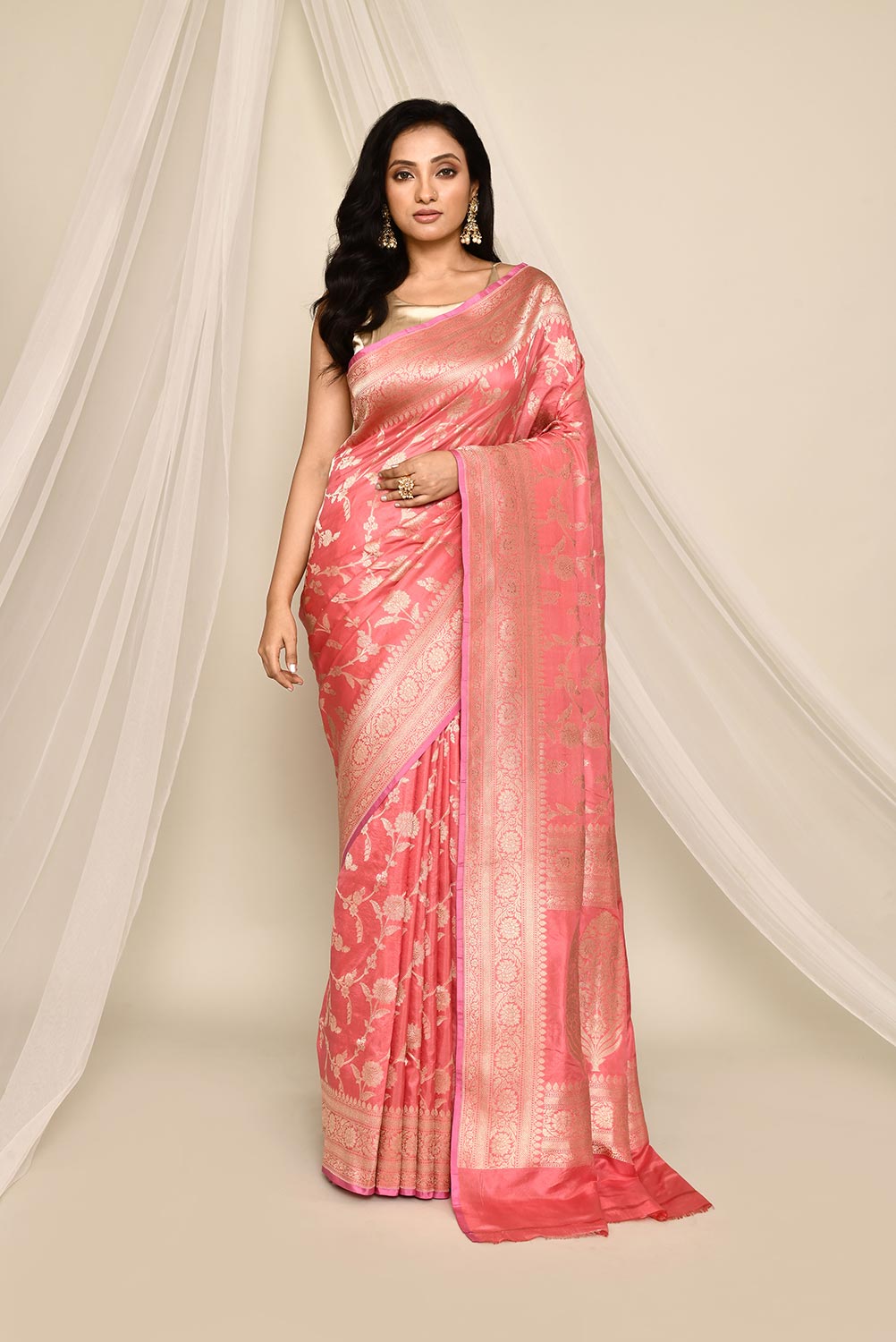 'Nazakat' Pink Pure Katan Silk Banarasi Handloom Saree 'Nazakat' Pink Pure Katan Silk Banarasi Handloom Saree