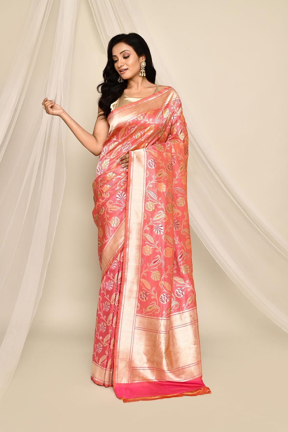 'Nirja' Orange - Pink Pure Katan Silk Tanchoi Meenakari Jaal Banarasi Handloom Saree 'Nirja' Orange - Pink Pure Katan Silk Tanchoi Meenakari Jaal Banarasi Handloom Saree