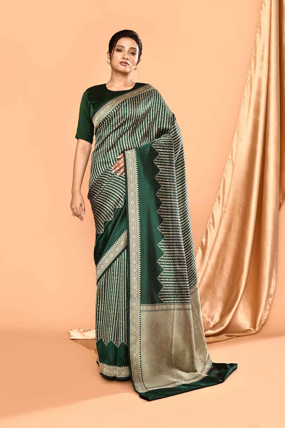 'Modern Elegance' Bottle Green Pure Katan Silk Banarasi Handloom Saree 'Modern Elegance' Bottle Green Pure Katan Silk Banarasi Handloom Saree