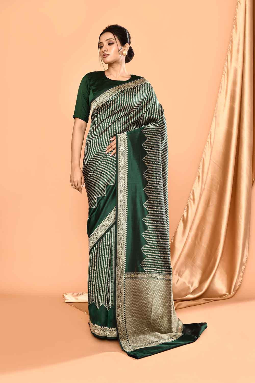 'Modern Elegance' Bottle Green Pure Katan Silk Banarasi Handloom Saree 'Modern Elegance' Bottle Green Pure Katan Silk Banarasi Handloom Saree