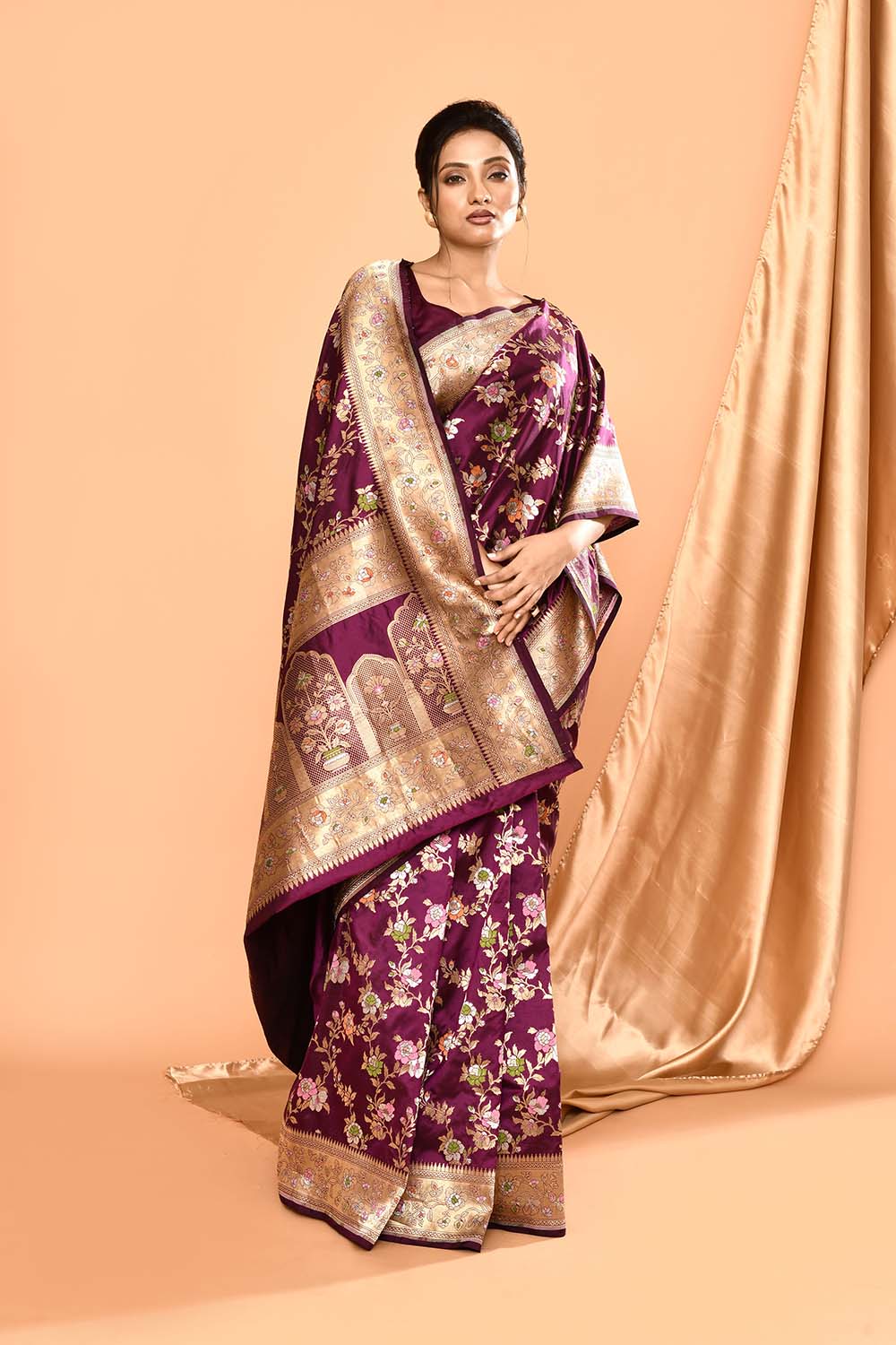 'Rangjaal' Deep Purple Pure Katan Silk Banarasi Handloom Saree with Meenakari Jaal 'Rangjaal' Deep Purple Pure Katan Silk Banarasi Handloom Saree with Meenakari Jaal