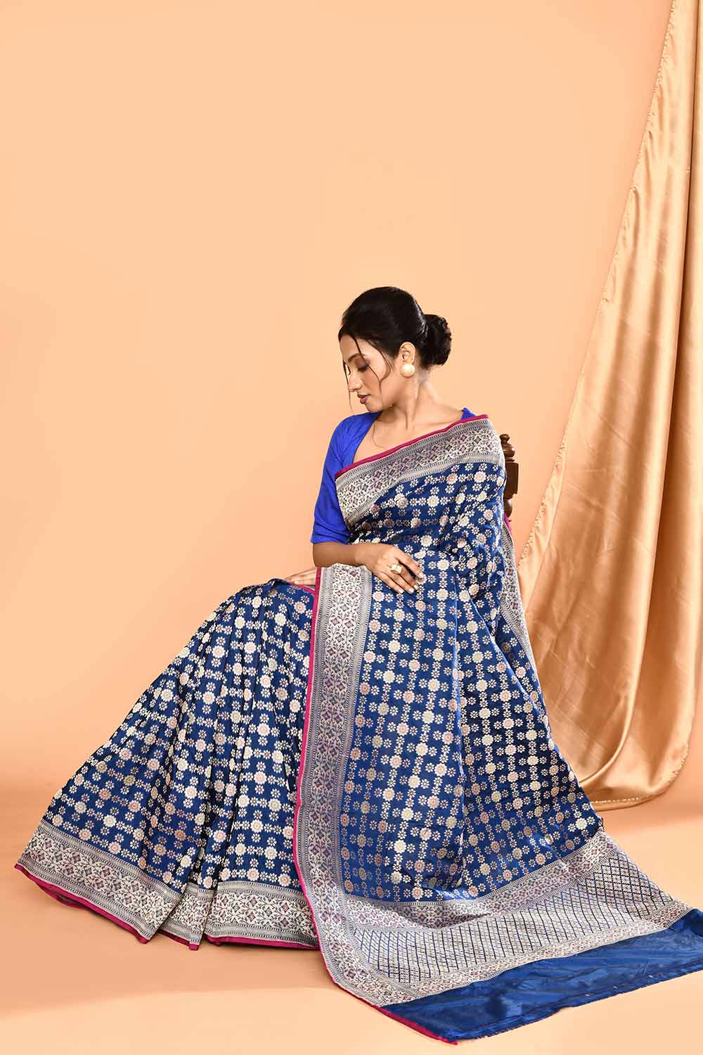 'Maharani' Royal Blue Pure Katan Silk Banarasi Handloom Saree in Gharchola Meenakari Jaal 'Maharani' Royal Blue Pure Katan Silk Banarasi Handloom Saree in Gharchola Meenakari Jaal