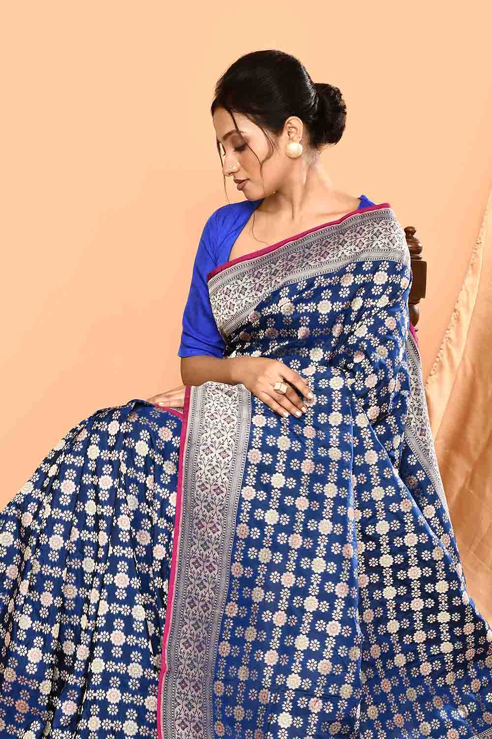 'Maharani' Royal Blue Pure Katan Silk Banarasi Handloom Saree in Gharchola Meenakari Jaal 'Maharani' Royal Blue Pure Katan Silk Banarasi Handloom Saree in Gharchola Meenakari Jaal