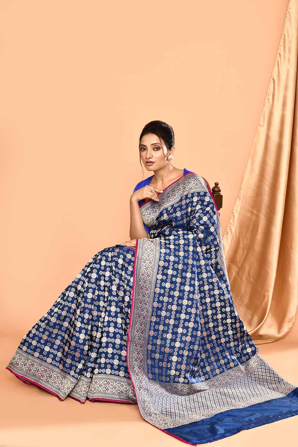 'Maharani' Royal Blue Pure Katan Silk Banarasi Handloom Saree in Gharchola Meenakari Jaal 'Maharani' Royal Blue Pure Katan Silk Banarasi Handloom Saree in Gharchola Meenakari Jaal