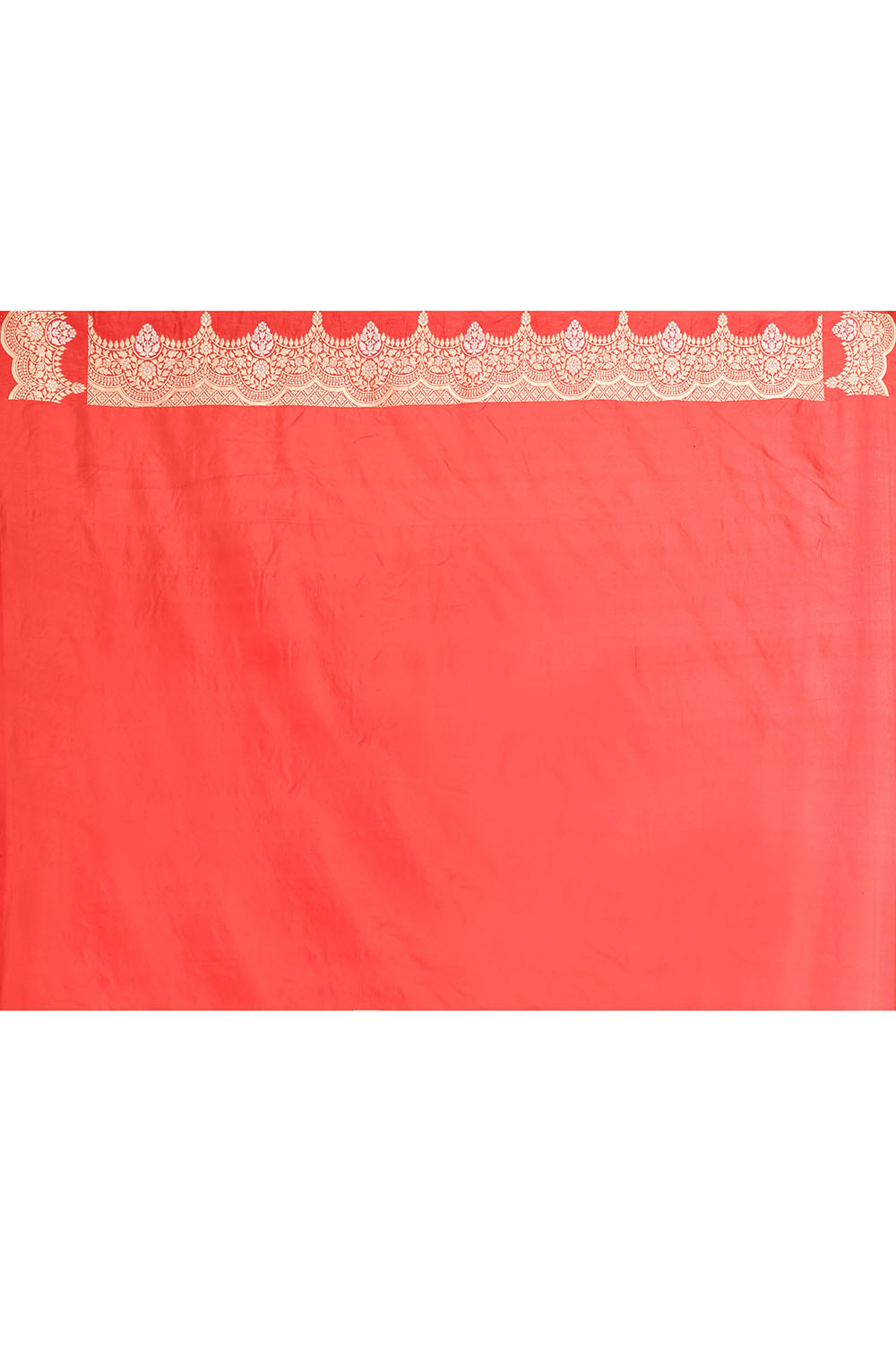 'Modern Brides' Red Pure Katan Silk Banarasi Handloom Saree with Ropa Sona Stripes and Scalloped Meenakari Border 'Modern Brides' Red Pure Katan Silk Banarasi Handloom Saree with Ropa Sona Stripes and Scalloped Meenakari Border