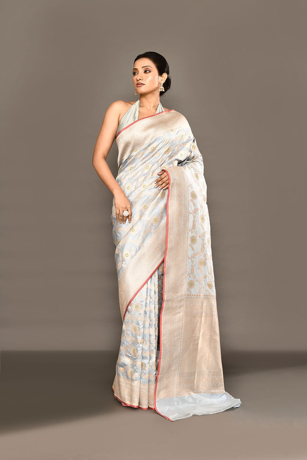 'Powder Blue' Pure Katan Silk Banarasi Handloom saree with Meenakari Jaal and contrast Selvedge 'Powder Blue' Pure Katan Silk Banarasi Handloom saree with Meenakari Jaal and contrast Selvedge