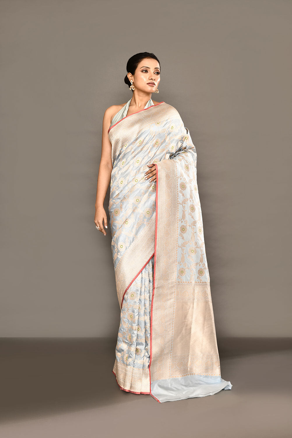 'Powder Blue' Pure Katan Silk Banarasi Handloom saree with Meenakari Jaal and contrast Selvedge 'Powder Blue' Pure Katan Silk Banarasi Handloom saree with Meenakari Jaal and contrast Selvedge