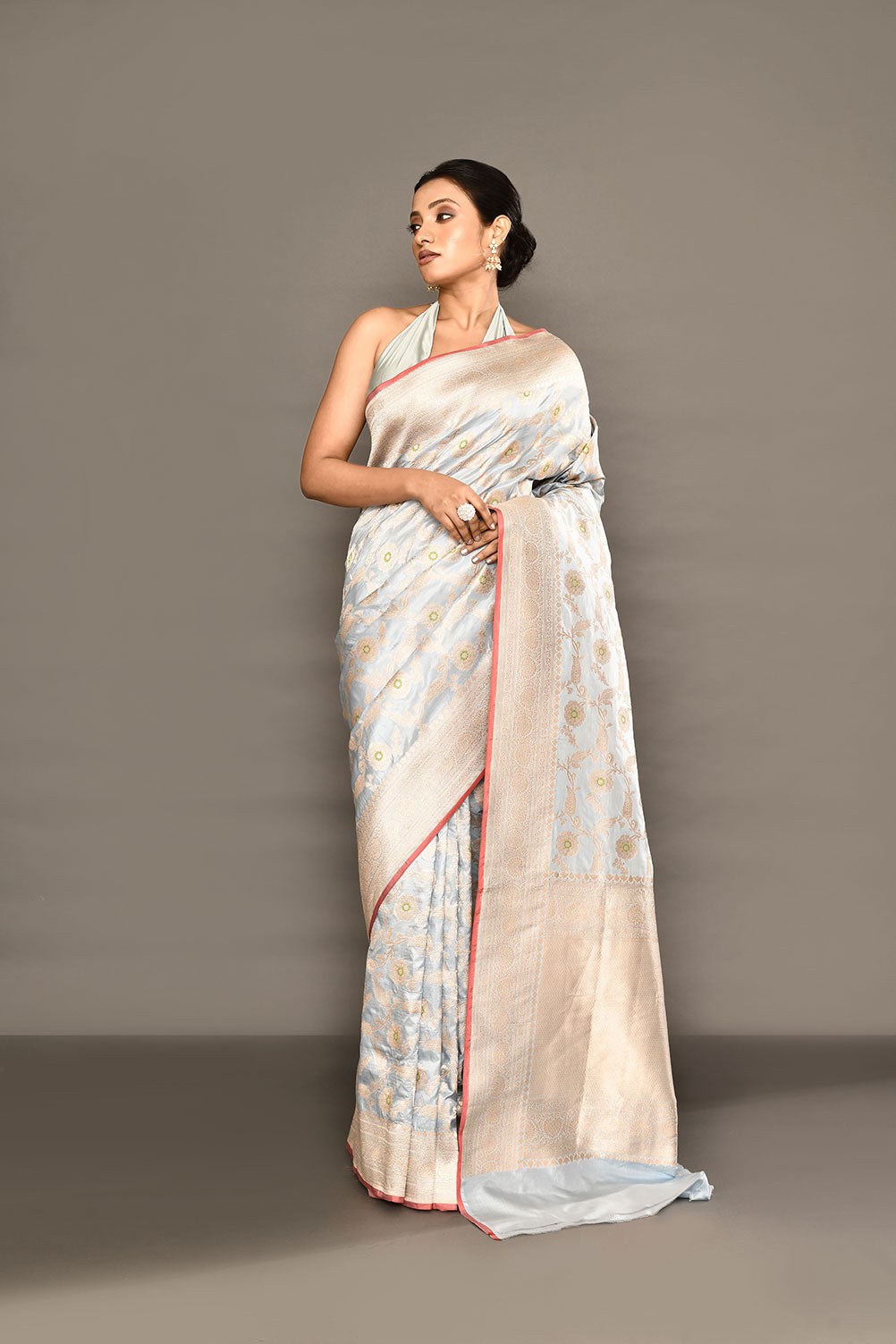 'Powder Blue' Pure Katan Silk Banarasi Handloom saree with Meenakari Jaal and contrast Selvedge 'Powder Blue' Pure Katan Silk Banarasi Handloom saree with Meenakari Jaal and contrast Selvedge
